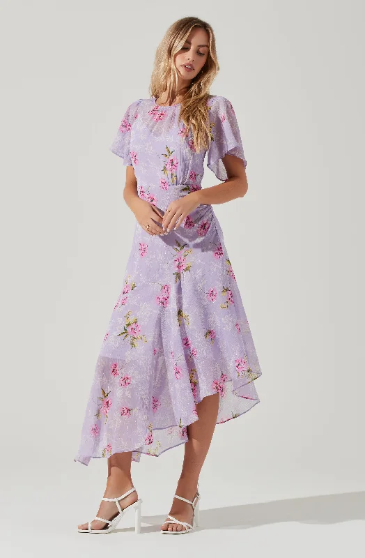 Mini Women Dress with a Short Hem for a Young and Trendy StyleFlutter Sleeve Asymmetrical Floral Maxi Dress Mini Women Dress with a Short Hem for a Young and Trendy StyleFlutter Sleeve Asymmetrical Floral Maxi Dress