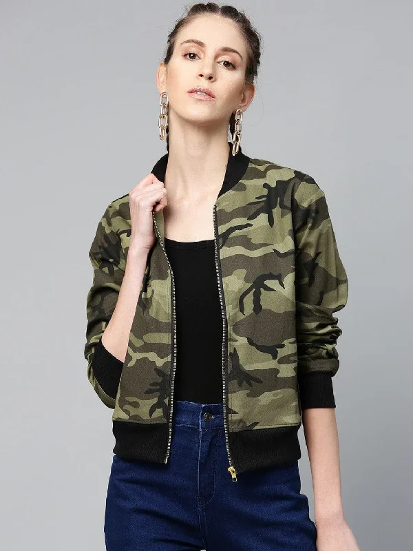 Women's waterproof rain jackets in bright yellow for high - visibility outdoor activitiesGreen Camouflage Bomber Zipper Jacket Women's waterproof rain jackets in bright yellow for high - visibility outdoor activitiesGreen Camouflage Bomber Zipper Jacket