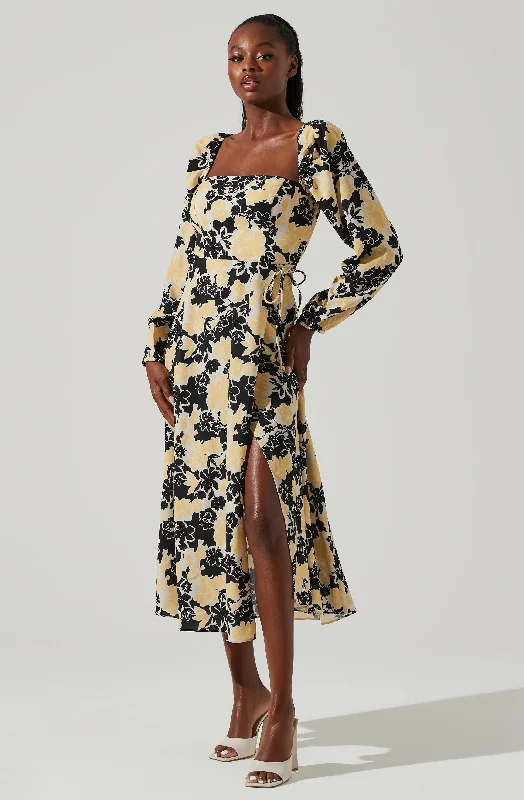 Shift Women Dress with a Simple and Classic Design for Everyday WearHayden Floral Square Neck Tie Waist Midi Dress Shift Women Dress with a Simple and Classic Design for Everyday WearHayden Floral Square Neck Tie Waist Midi Dress