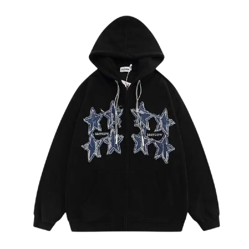 Women's oversized cropped hoodie with drawstrings for a trendy lookHigh Street Denim Star Patch Hoodie Women's oversized cropped hoodie with drawstrings for a trendy lookHigh Street Denim Star Patch Hoodie
