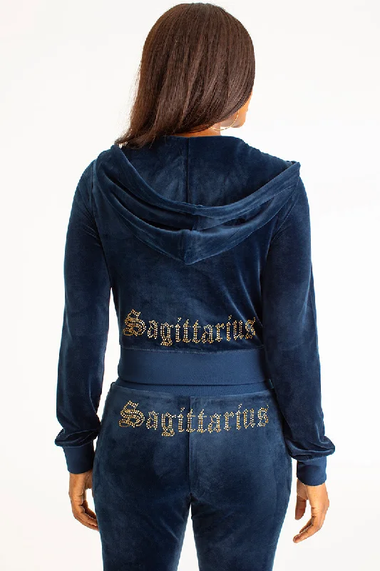 Women's long - sleeve cropped sweatshirt with ribbed cuffs for a snug fitSagittarius Big Bling Velour Hoodie Women's long - sleeve cropped sweatshirt with ribbed cuffs for a snug fitSagittarius Big Bling Velour Hoodie