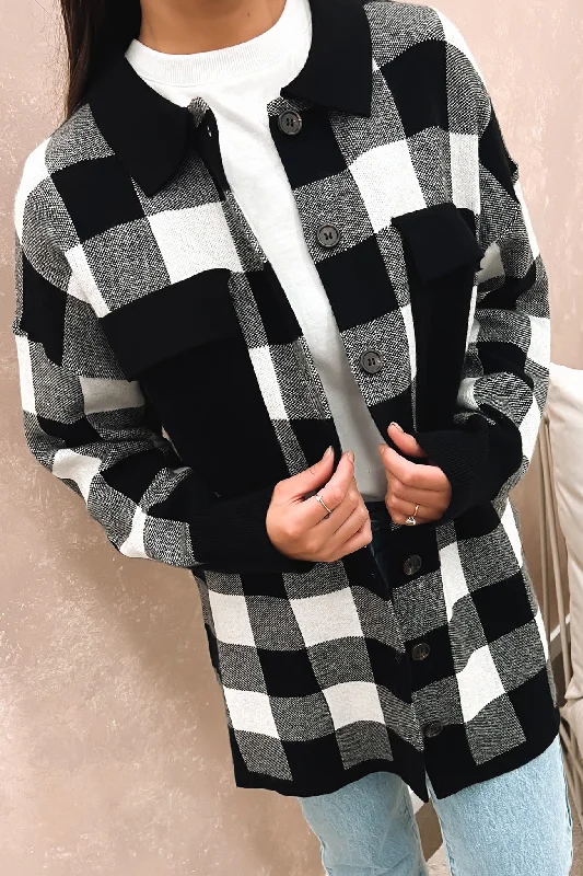 Women's bomber jackets with floral embroidery for a feminine and unique designKasey Knitted Shacket Black Check Women's bomber jackets with floral embroidery for a feminine and unique designKasey Knitted Shacket Black Check
