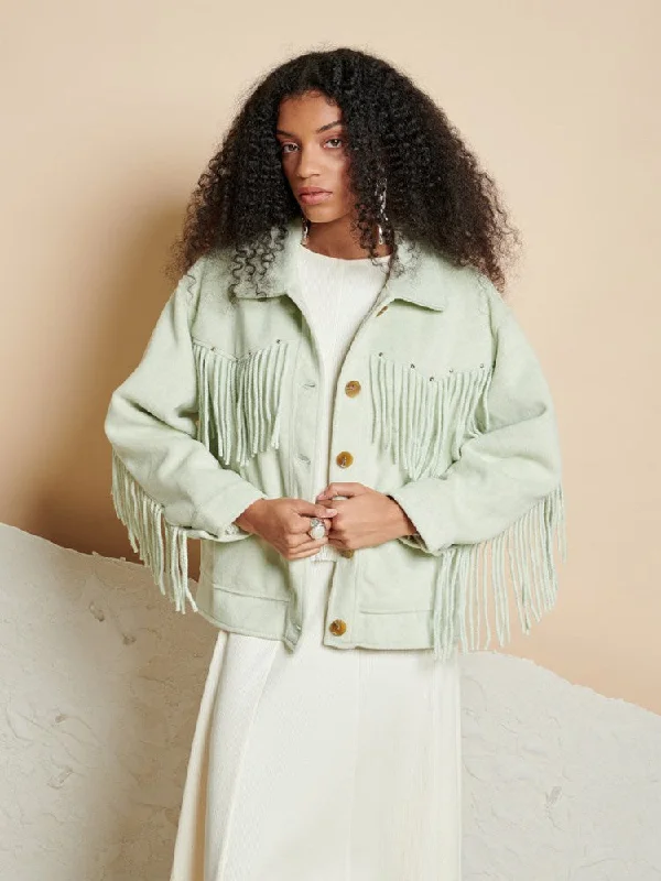 Women's denim jackets with a patchwork design for a bohemian and artsy styleKira Fringe Jacket Women's denim jackets with a patchwork design for a bohemian and artsy styleKira Fringe Jacket
