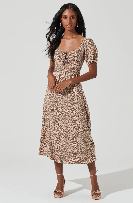 Shift Women Dress with a Simple and Classic Design for Everyday WearLace Up Puff Sleeve Floral Midi Dress Shift Women Dress with a Simple and Classic Design for Everyday WearLace Up Puff Sleeve Floral Midi Dress