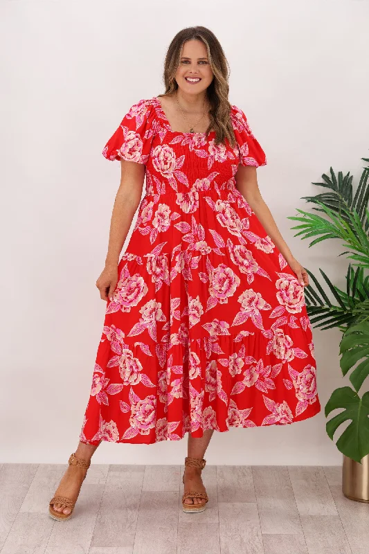 Pleated Women Dress with a Timeless and Elegant TextureLillie & Mia Rowan Shirred Rose Print Maxi Red Pink Pleated Women Dress with a Timeless and Elegant TextureLillie & Mia Rowan Shirred Rose Print Maxi Red Pink