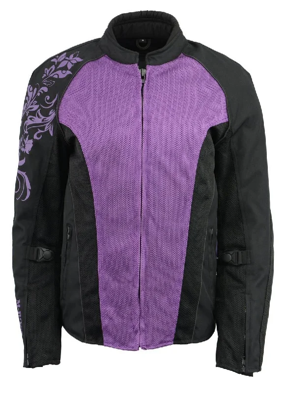 Women's waterproof rain jackets in bright yellow for high - visibility outdoor activitiesM Boss Motorcycle Apparel BOS22700 Ladies Black and Purple Mesh Jacket with Flower Printing