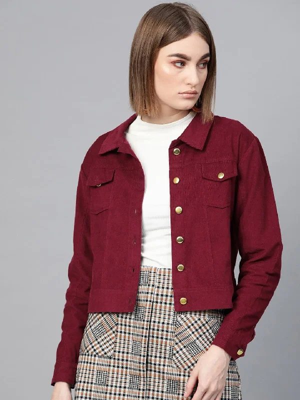 Women's denim jackets with distressed details for a casual and edgy lookMaroon Corduroy Bomber Jacket Women's denim jackets with distressed details for a casual and edgy lookMaroon Corduroy Bomber Jacket