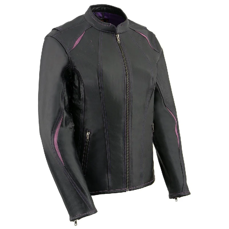Women's denim jackets with distressed details for a casual and edgy lookMilwaukee Leather MLL2502 Women's 'Laser Cut' Distressed Black and Purple Scuba Style Racer Jacket Women's denim jackets with distressed details for a casual and edgy lookMilwaukee Leather MLL2502 Women's 'Laser Cut' Distressed Black and Purple Scuba Style Racer Jacket