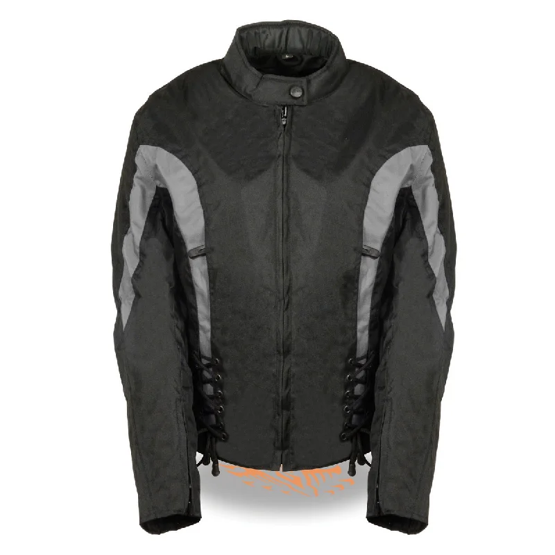 Women's windbreaker jackets with adjustable hoods for windy daysBikers Edge SH2188 Women's Black and Grey Textile Jacket with Side Stretch Women's windbreaker jackets with adjustable hoods for windy daysBikers Edge SH2188 Women's Black and Grey Textile Jacket with Side Stretch