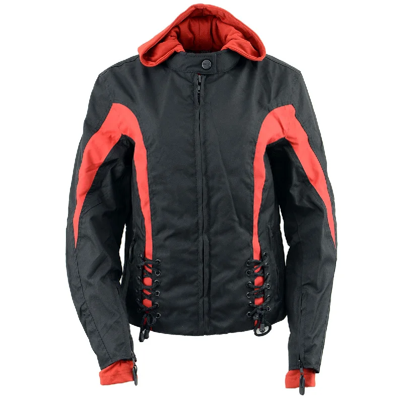 Women's cropped down jackets in bold colors for a sporty and fashionable winter outfitNexGen SH1998 Ladies Red and Black Textile Racer Jacket with Removable Hoodie Women's cropped down jackets in bold colors for a sporty and fashionable winter outfitNexGen SH1998 Ladies Red and Black Textile Racer Jacket with Removable Hoodie