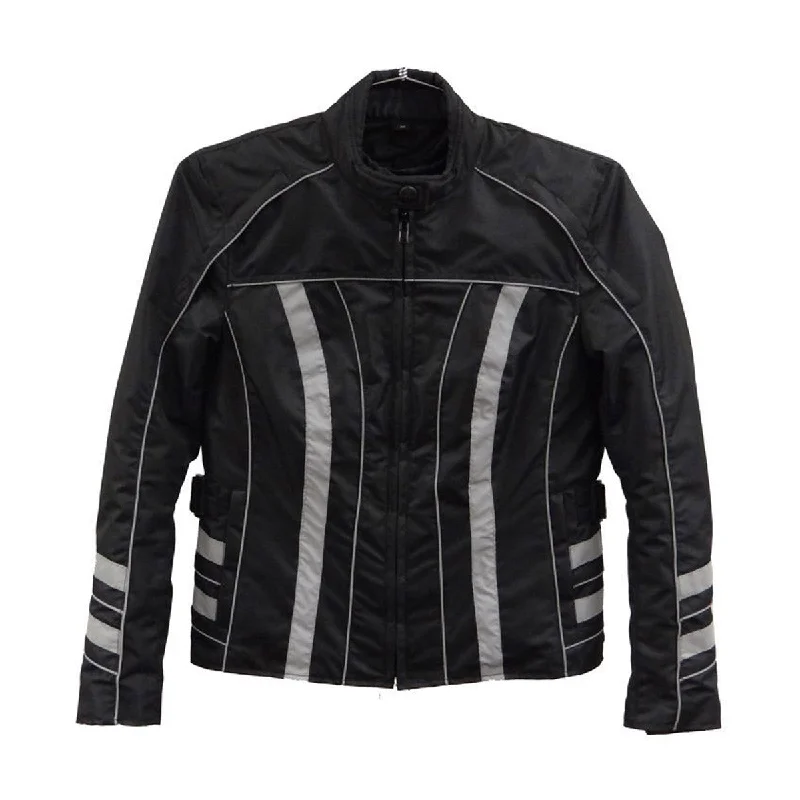 Women's windbreaker jackets with adjustable hoods for windy daysNexGen SH2394 Women's Black and Silver Textile Racer MC Jacket Women's windbreaker jackets with adjustable hoods for windy daysNexGen SH2394 Women's Black and Silver Textile Racer MC Jacket