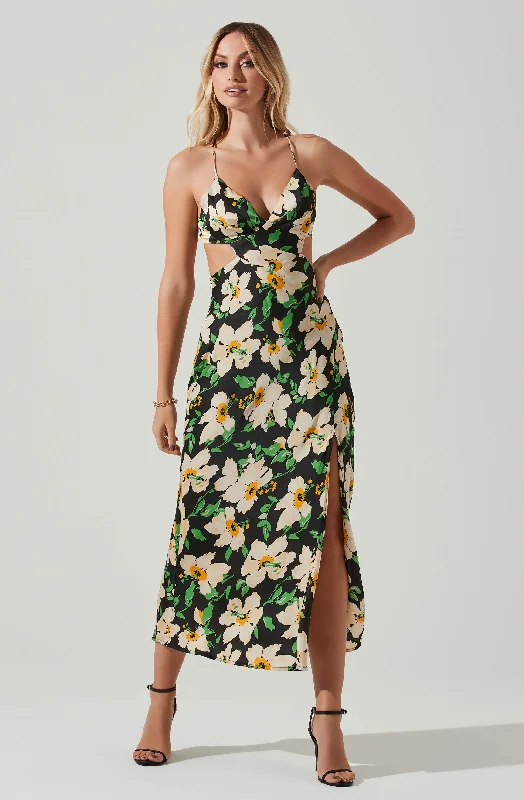 Plus Size Women Dress with a Flattering A - Line Cut for Comfort and StyleNorelle Satin Floral Midi Dress Plus Size Women Dress with a Flattering A - Line Cut for Comfort and StyleNorelle Satin Floral Midi Dress