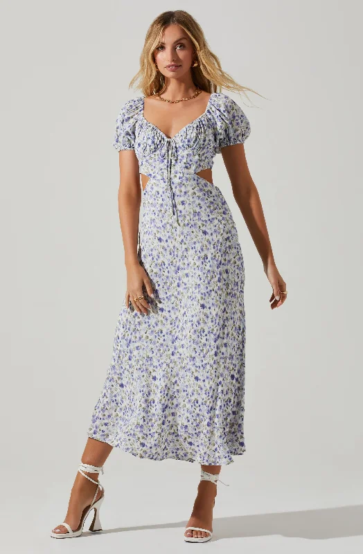 Pleated Women Dress with a Timeless and Elegant TexturePosie Floral Cutout Puff Sleeve Midi Dress Pleated Women Dress with a Timeless and Elegant TexturePosie Floral Cutout Puff Sleeve Midi Dress