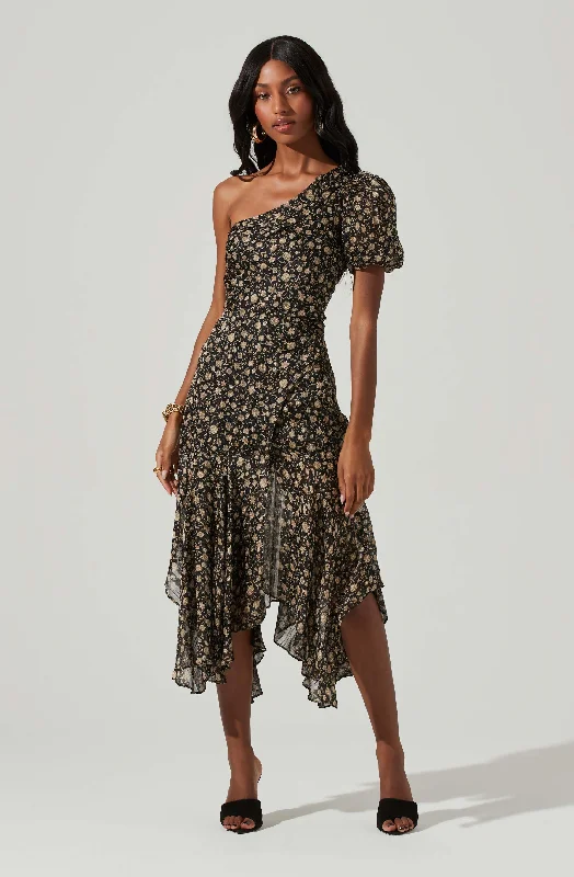 Halter Neck Women Dress to Show Off the Shoulders and NecklineSantorini Floral One Shoulder Midi Dress Halter Neck Women Dress to Show Off the Shoulders and NecklineSantorini Floral One Shoulder Midi Dress