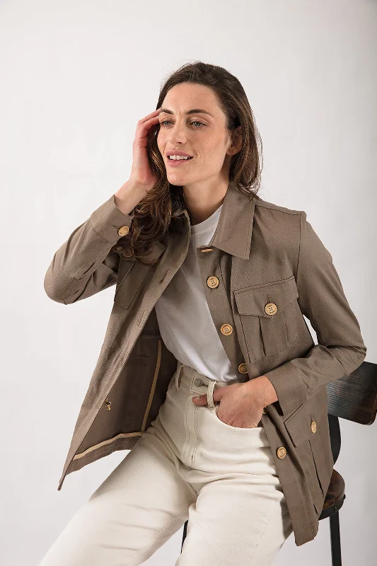 Women's denim jackets with a patchwork design for a bohemian and artsy styleTracker Jacket in Khaki Women's denim jackets with a patchwork design for a bohemian and artsy styleTracker Jacket in Khaki