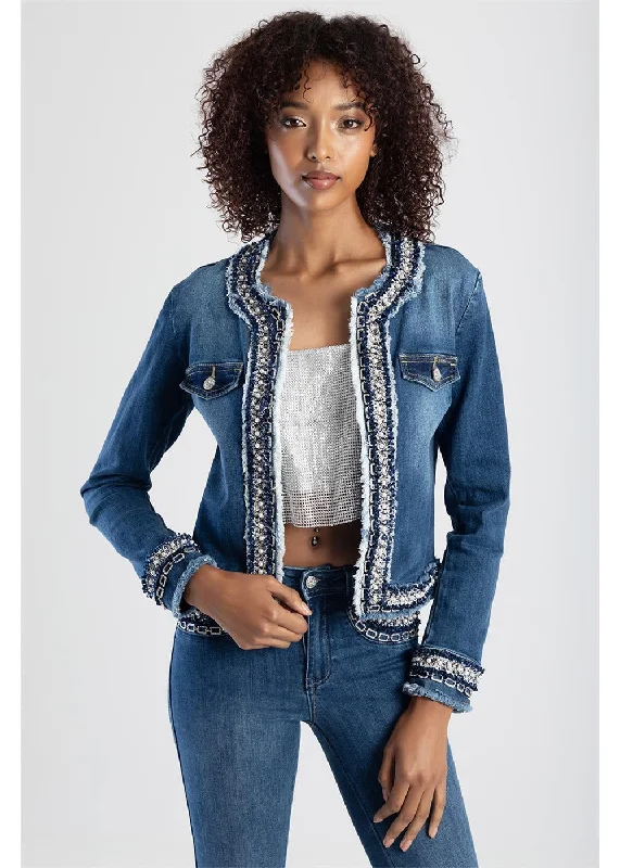 Women's double - breasted tweed jackets in classic colors for a sophisticated office lookTrim Detail Denim Jacket Women's double - breasted tweed jackets in classic colors for a sophisticated office lookTrim Detail Denim Jacket