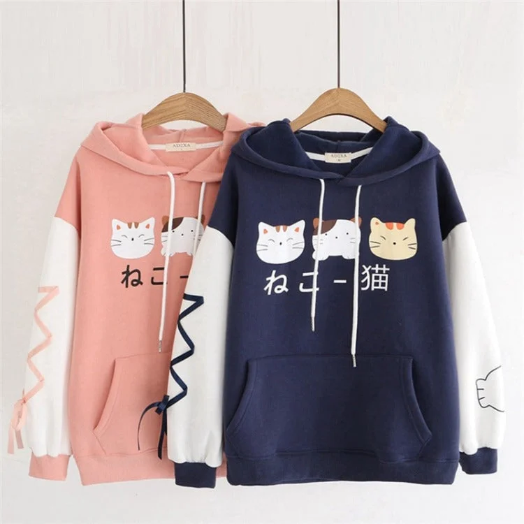 Women's zip - front sweatshirt with contrast stitching for a sporty aestheticWhiskered Whimsy: Harajuku Cartoon Kitty Cat Letter Hoodie - Purr-fectly Cute Comfort! ?? Women's zip - front sweatshirt with contrast stitching for a sporty aestheticWhiskered Whimsy: Harajuku Cartoon Kitty Cat Letter Hoodie - Purr-fectly Cute Comfort! ??