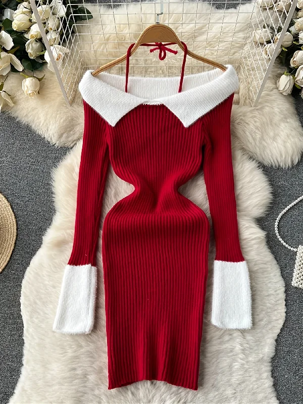 Halter Neck Women Dress to Show Off the Shoulders and Neckline Halter Neck Women Dress to Show Off the Shoulders and Neckline Sixsr Contrast Trim Halter Neck Dress, Elegant Sweater Bodycon Dress For Spring & Fall, Women's Clothing Halter Neck Women Dress to Show Off the Shoulders and Neckline Halter Neck Women Dress to Show Off the Shoulders and Neckline Sixsr Contrast Trim Halter Neck Dress, Elegant Sweater Bodycon Dress For Spring & Fall, Women's Clothing