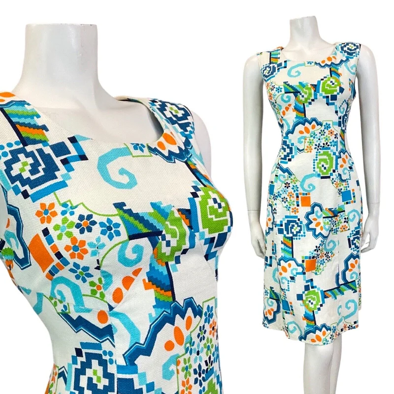 Wrap - Style Women Dress with Adjustable Fit for All Body Types Wrap - Style Women Dress with Adjustable Fit for All Body Types VINTAGE 60s 70s WHITE BLUE ORANGE GEOMETRIC FLORAL MOD SUMMER SUN DRESS 8 10