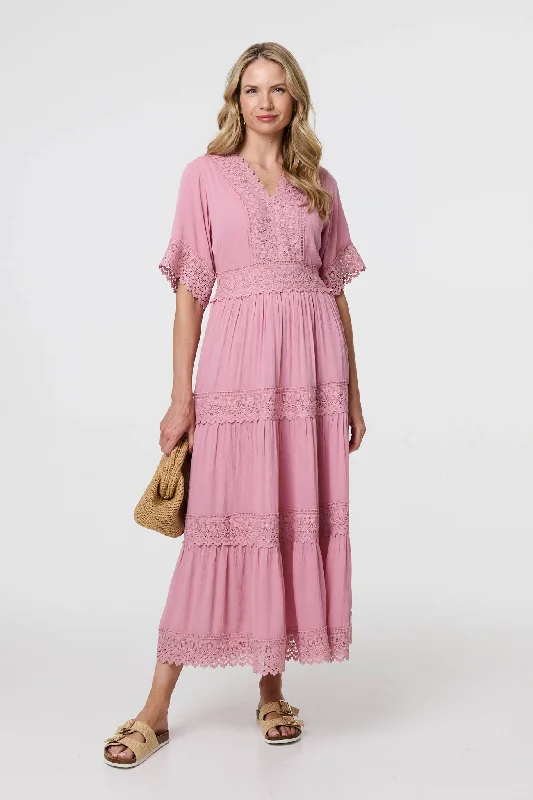 Maxi dresses with a cinched waist for a defined silhouetteLace Trim 1/2 Angel Sleeve Maxi Dress Maxi dresses with a cinched waist for a defined silhouetteLace Trim 1/2 Angel Sleeve Maxi Dress