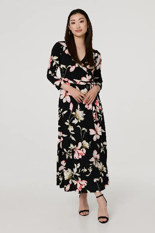 Ruffled maxi dresses with a tiered skirt for added volumeFloral Tie Waist 3/4 Sleeve Maxi Dress Ruffled maxi dresses with a tiered skirt for added volumeFloral Tie Waist 3/4 Sleeve Maxi Dress