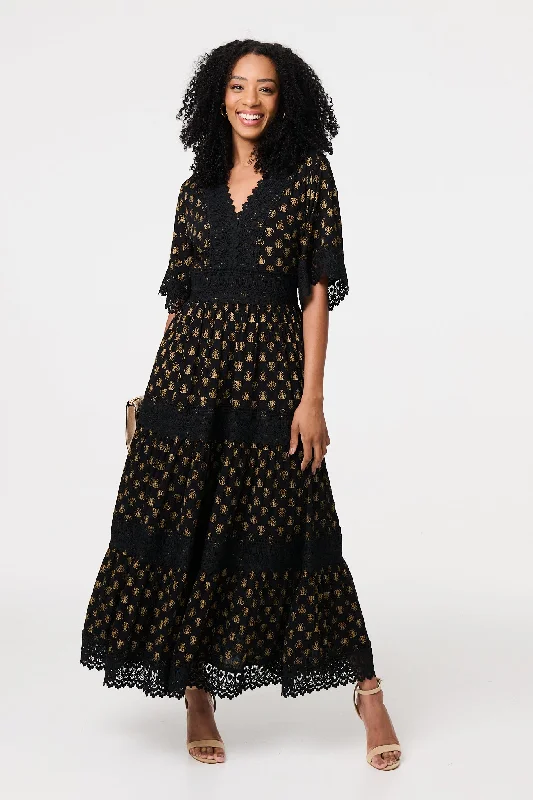 Sheer maxi dresses with lace overlays for a romantic touchLace Semi Sheer Flare 3/4 Sleeve Maxi Dress Sheer maxi dresses with lace overlays for a romantic touchLace Semi Sheer Flare 3/4 Sleeve Maxi Dress