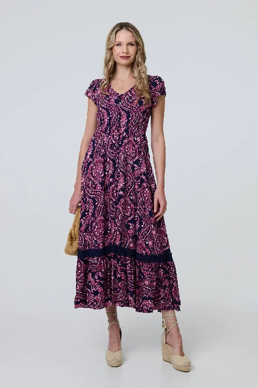 Satin maxi dresses with a high - low hem for a modern twistPaisley Cap Sleeve Lace Trim Maxi Dress Satin maxi dresses with a high - low hem for a modern twistPaisley Cap Sleeve Lace Trim Maxi Dress