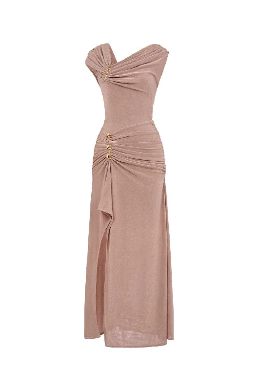 Satin maxi dresses with a high - low hem for a modern twistEvelyn Slit Diagonal Neck Spandex Maxi Dress Satin maxi dresses with a high - low hem for a modern twistEvelyn Slit Diagonal Neck Spandex Maxi Dress