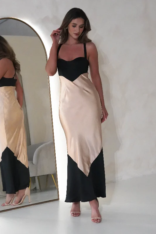Linen maxi dresses for a breathable and lightweight summer optionKohen Satin Maxi Dress | Gold/Black Linen maxi dresses for a breathable and lightweight summer optionKohen Satin Maxi Dress | Gold/Black