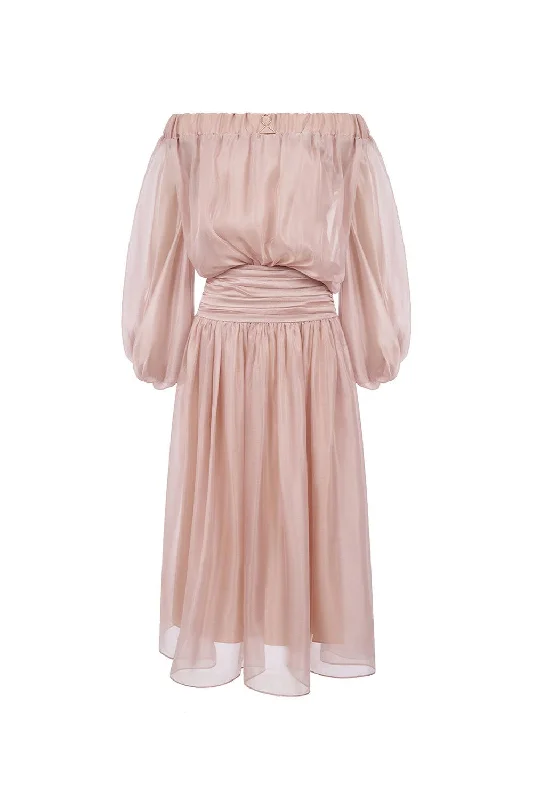 Maxi dresses with patchwork designs for a one - of - a - kind styleLucent Blouson Off-Shoulder Silk Organza Maxi Dress Maxi dresses with patchwork designs for a one - of - a - kind styleLucent Blouson Off-Shoulder Silk Organza Maxi Dress