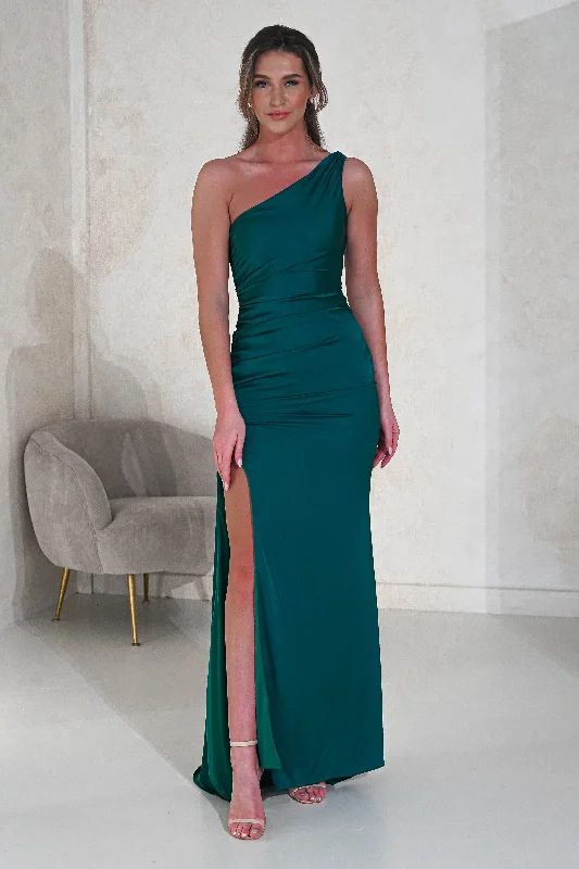 Linen maxi dresses for a breathable and lightweight summer optionMia One Shoulder Maxi Gown | Emerald Green Linen maxi dresses for a breathable and lightweight summer optionMia One Shoulder Maxi Gown | Emerald Green
