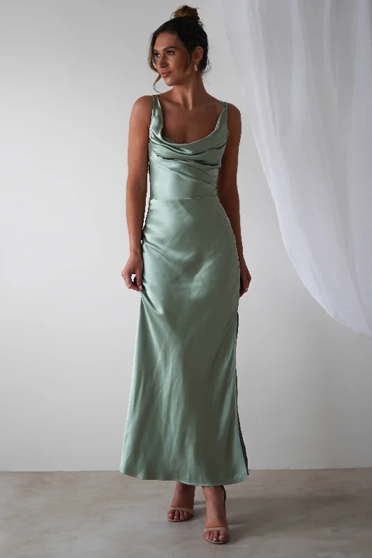 Leather maxi dresses for an edgy and bold appearanceMisha Soft Satin Maxi Dress | Sage Green Leather maxi dresses for an edgy and bold appearanceMisha Soft Satin Maxi Dress | Sage Green