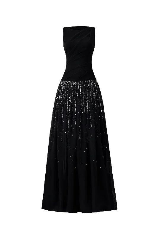 Maxi dresses with fringe trim for a bohemian vibeNataly A-line Boat Neck Organza Crepe Floor Length Dress Maxi dresses with fringe trim for a bohemian vibeNataly A-line Boat Neck Organza Crepe Floor Length Dress