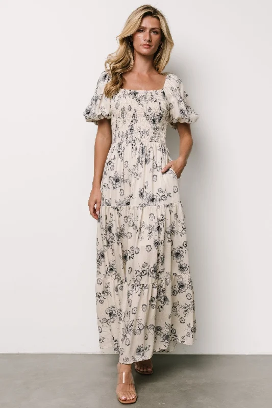 Maxi dresses with a criss - cross back for a flirty and unique detailSusanna Smocked Maxi Dress | Ivory + Blue Floral Maxi dresses with a criss - cross back for a flirty and unique detailSusanna Smocked Maxi Dress | Ivory + Blue Floral