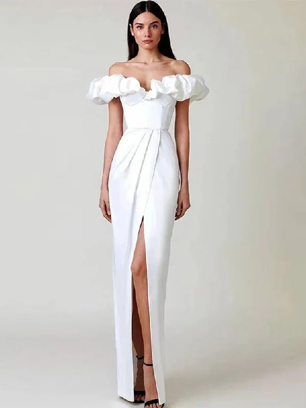 Maxi dresses with a V - neckline for a flattering and elongating shapeFashionSierra - One-Shoulder Puff Sleeve Wrap Chest Slit Long Dress Maxi dresses with a V - neckline for a flattering and elongating shapeFashionSierra - One-Shoulder Puff Sleeve Wrap Chest Slit Long Dress