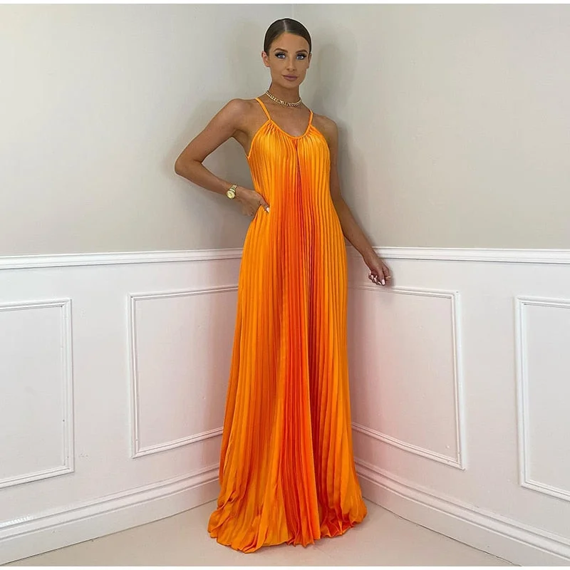 Maxi dresses with a ruched bodice for a more form - fitting and feminine shapeFashionSierra - Pleated Long Halter Sleeveless Sling Banquet Dress