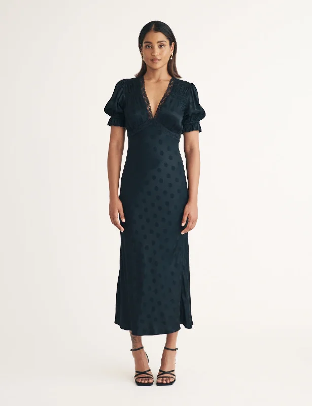 Midi dresses with ruffled bodices for a more pronounced feminine lookBlack Polka Dot Jacquard Angela Midi Dress Midi dresses with ruffled bodices for a more pronounced feminine lookBlack Polka Dot Jacquard Angela Midi Dress
