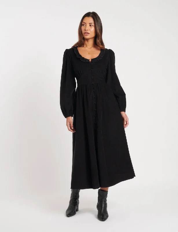 Midi dresses with side slits for a sexy and elegant appearanceBlack Cord Long Sleeve Flossie Midi Dress Midi dresses with side slits for a sexy and elegant appearanceBlack Cord Long Sleeve Flossie Midi Dress
