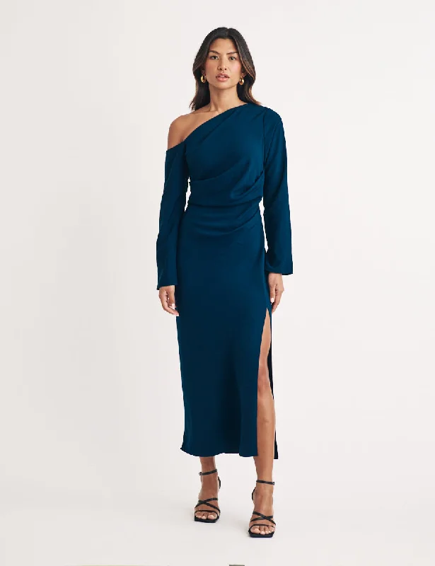 Midi dresses with pleated skirts for a timeless and elegant appealBlue Asymmetric Gathered Katty Midi Dress Midi dresses with pleated skirts for a timeless and elegant appealBlue Asymmetric Gathered Katty Midi Dress