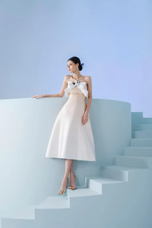 Midi dresses with sheer panels for a touch of allureCelina Strapless Straight Across Neck Taffeta Midi Dress Midi dresses with sheer panels for a touch of allureCelina Strapless Straight Across Neck Taffeta Midi Dress