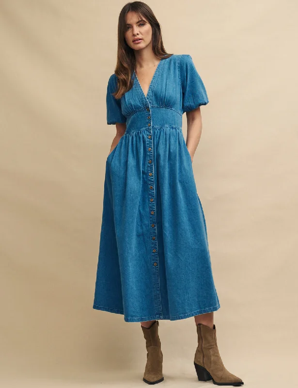 Midi dresses with ribbed textures for a unique and tactile appearanceMid Wash Blue Denim Starlight Midi Dress Midi dresses with ribbed textures for a unique and tactile appearanceMid Wash Blue Denim Starlight Midi Dress