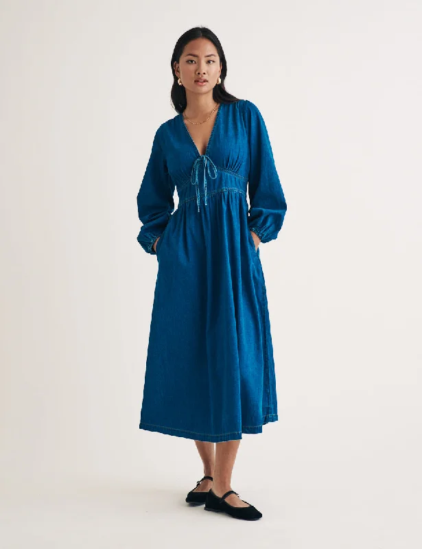 Midi dresses with metallic threads for a glamorous evening eventDenim Balloon Sleeve Astra Midi Dress Midi dresses with metallic threads for a glamorous evening eventDenim Balloon Sleeve Astra Midi Dress