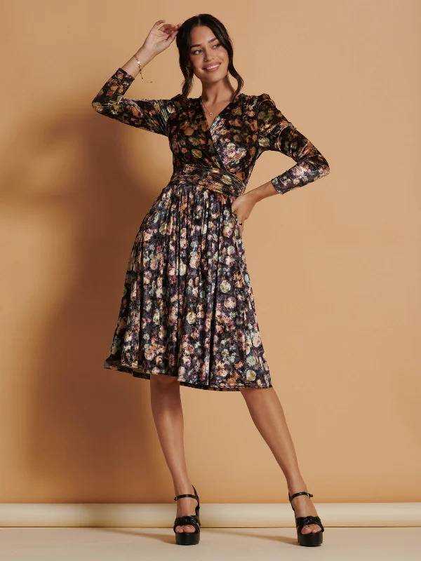 Midi dresses with satin - finish fabrics for a luxurious feelFloral Print Velvet Dress, Black Floral Midi dresses with satin - finish fabrics for a luxurious feelFloral Print Velvet Dress, Black Floral