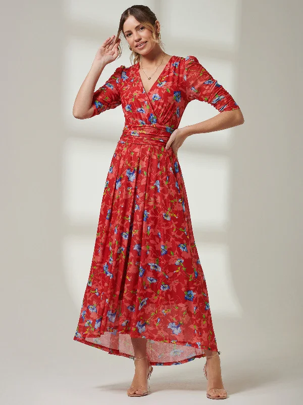 Midi dresses with denim fabric for a casual yet stylish day outGavina Ruched Sleeve Mesh Maxi Dress, Red Multi Midi dresses with denim fabric for a casual yet stylish day outGavina Ruched Sleeve Mesh Maxi Dress, Red Multi