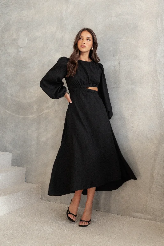 High - low midi dresses with geometric patterns for a modern partyGinnee Puff Sleeve Cutout Midi Dress - Black High - low midi dresses with geometric patterns for a modern partyGinnee Puff Sleeve Cutout Midi Dress - Black