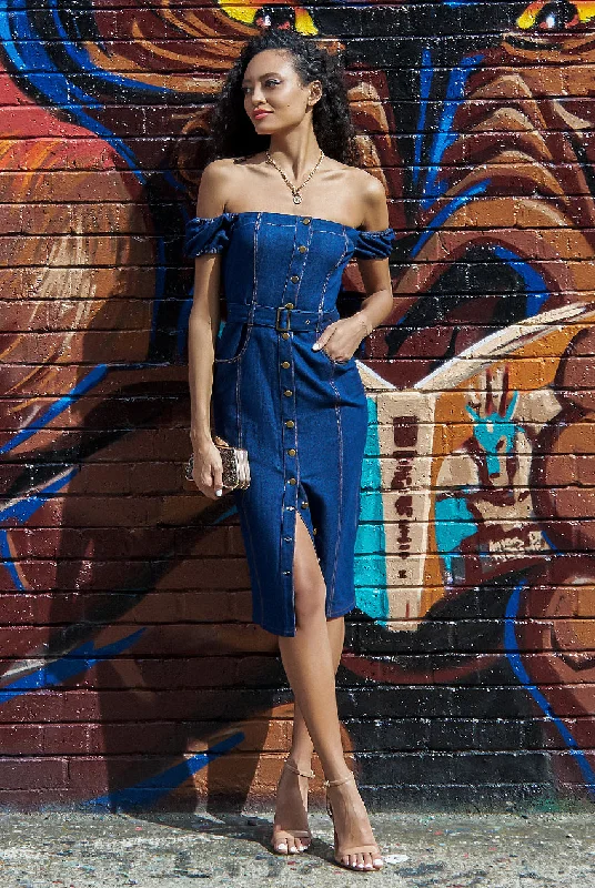 Wrap - style midi dresses in silk for a sophisticated office lookGoddiva Denim Button Down Bodycon Bardot Midaxi Dress - Navy Denim Wrap - style midi dresses in silk for a sophisticated office lookGoddiva Denim Button Down Bodycon Bardot Midaxi Dress - Navy Denim