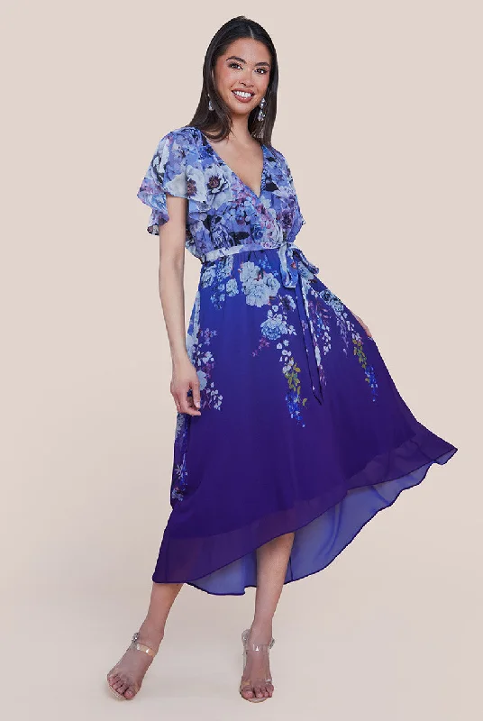 Midi dresses with halter necks for a stylish and comfortable optionGoddiva Flutter Sleeve A-Line Chiffon Floral Printed Midi Dress - Royal Blue Midi dresses with halter necks for a stylish and comfortable optionGoddiva Flutter Sleeve A-Line Chiffon Floral Printed Midi Dress - Royal Blue