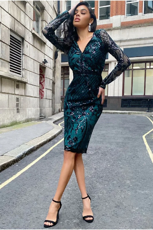 Midi dresses with V - necklines for a flattering and elongating effectGoddiva Full Sleeve Sequin Midi Dress - Emerald Green Midi dresses with V - necklines for a flattering and elongating effectGoddiva Full Sleeve Sequin Midi Dress - Emerald Green