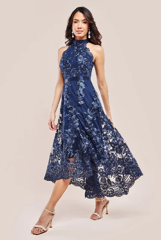 Plaid midi dresses for a fall - themed family gatheringGoddiva Halter Neck Lace High And Low Dress - Navy Plaid midi dresses for a fall - themed family gatheringGoddiva Halter Neck Lace High And Low Dress - Navy