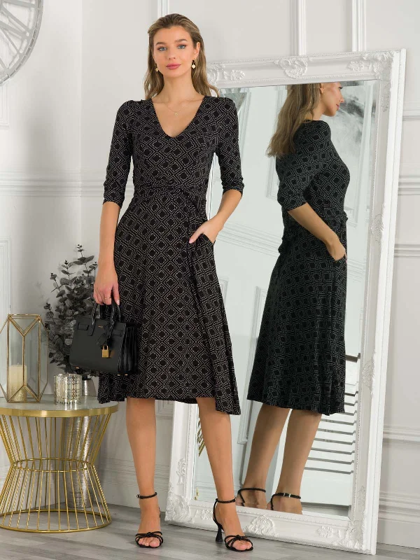 Midi dresses with sheer panels for a touch of allureJolie Moi Delylah V Neck Midi Dress, Black Geo Midi dresses with sheer panels for a touch of allureJolie Moi Delylah V Neck Midi Dress, Black Geo
